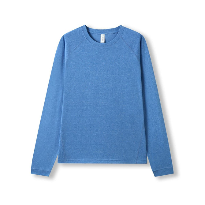 A blue long sleeve T-shirt with a round neckline and raglan sleeves, featuring a logo on the front.