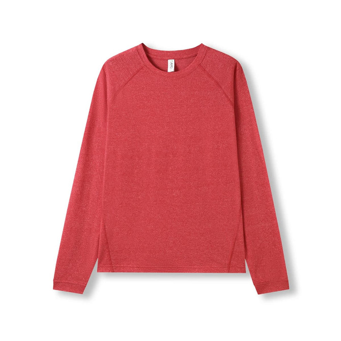 A red heather long sleeve T-shirt with a round neckline and raglan sleeves. Features a logo.