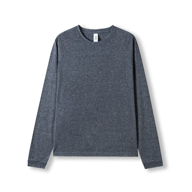 A long sleeve T-shirt in heather grey with a rounded neckline and raglan sleeves, featuring a logo.