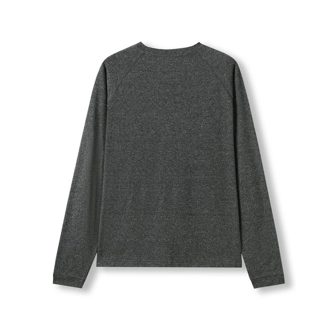 A grey long sleeve T-shirt with a simple design and a raglan style. It features a logo.