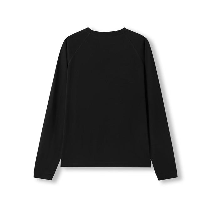 A black long sleeve t-shirt with a simple design and a logo on the back. Ideal for casual wear.