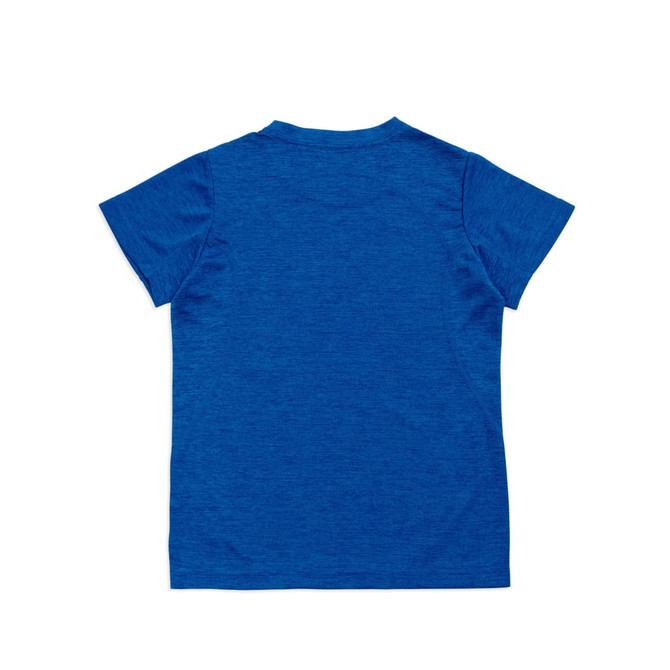 A blue kid's T-shirt made from 100% polyester, featuring a plain back and a logo.