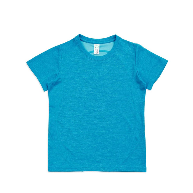 A vibrant blue polyester T-shirt featuring a logo, suitable for kids.