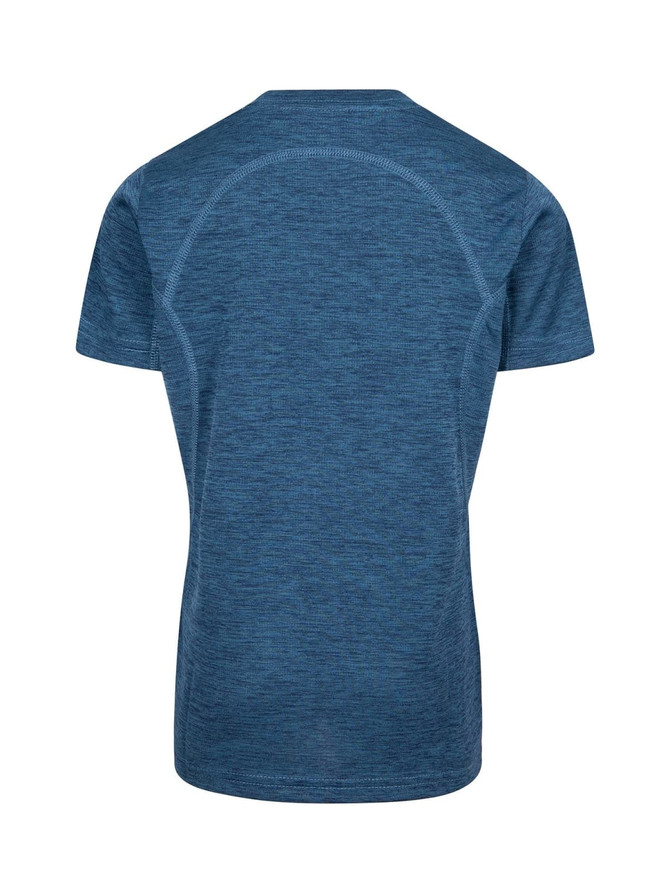 A blue, 100% polyester T-shirt designed for kids, featuring a simple, smooth back with no visible logos.