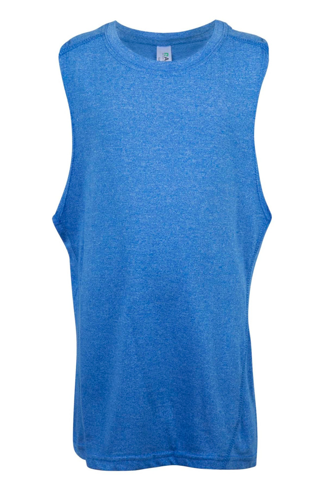 A blue sleeveless tank top with a logo, designed for kids. Features a soft, lightweight fabric.