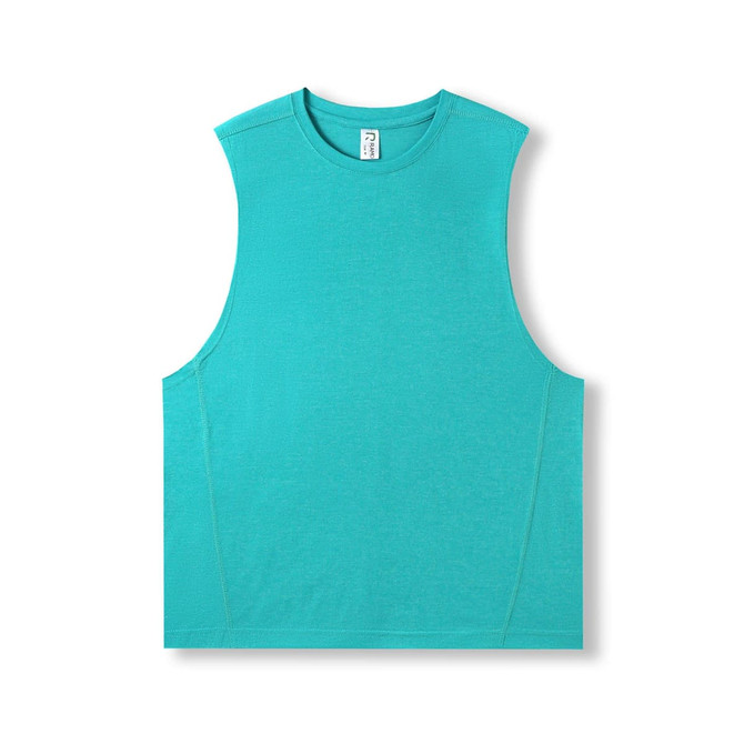 A sleeveless tee in a vibrant blue hue, featuring a smooth texture and a simple design. It has a branding logo.