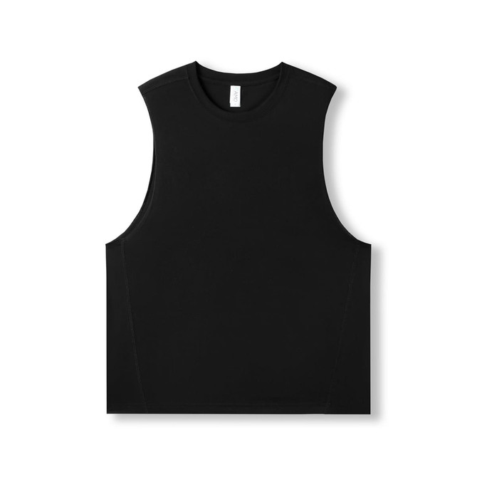 A black sleeveless tee from the Greatness Range, featuring a simple design and a branding logo.