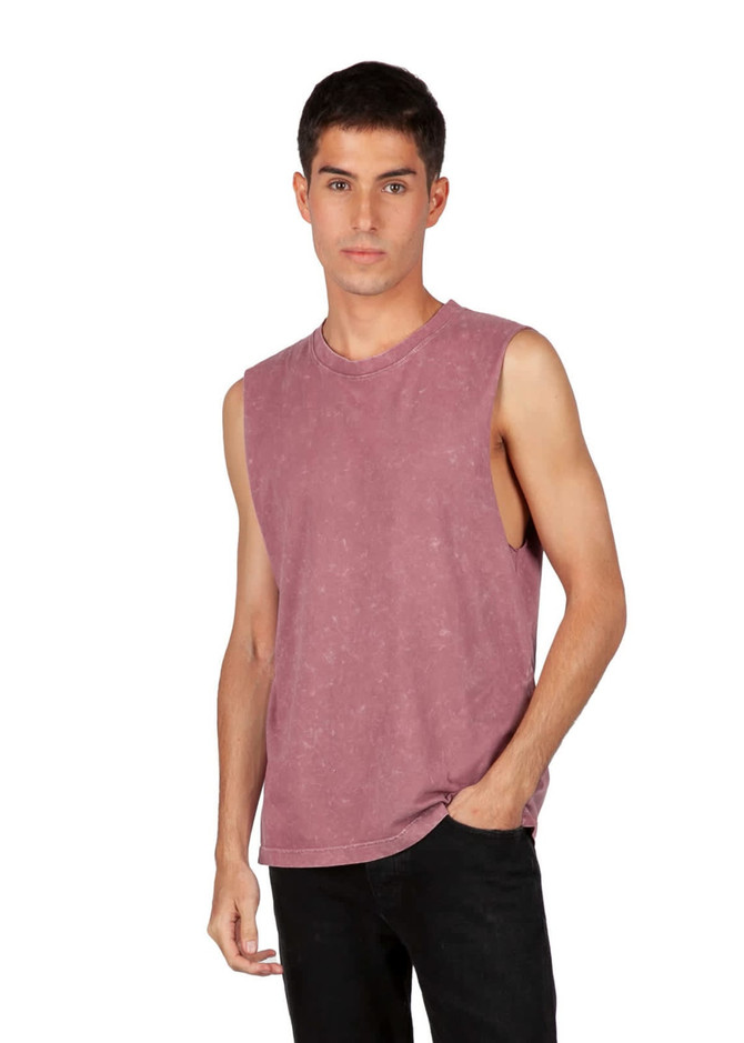 A men's stone wash tank in a muted burgundy colour, featuring a sleeveless design and a casual fit. Includes a logo.