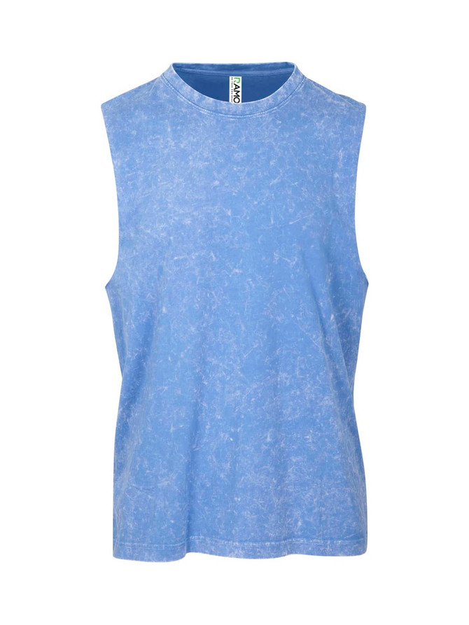 A blue stone wash tank singlet with a round neck and sleeveless design. Features a branding label.