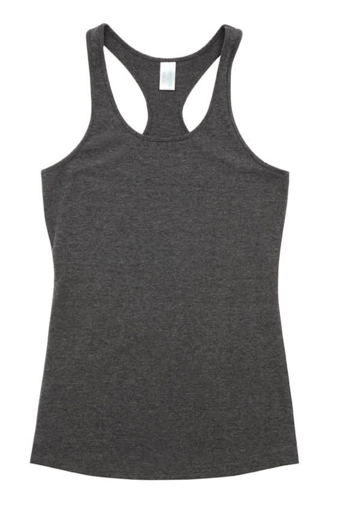 A dark grey kids' T-back singlet with a sporty design and a logo on the label.