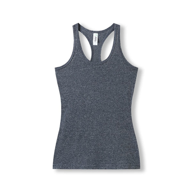 A women's athletic T-back singlet in dark grey, featuring a fitted design and a logo on the label.