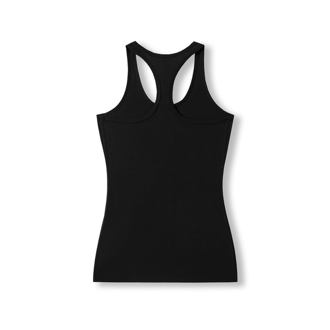 A black women’s athletic T-back singlet featuring a fitted design and a plain back. Includes a logo.