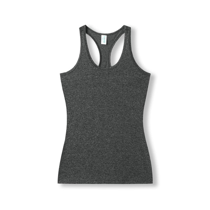 A black athletic T-back singlet with a fitted design and a logo on the inner label.