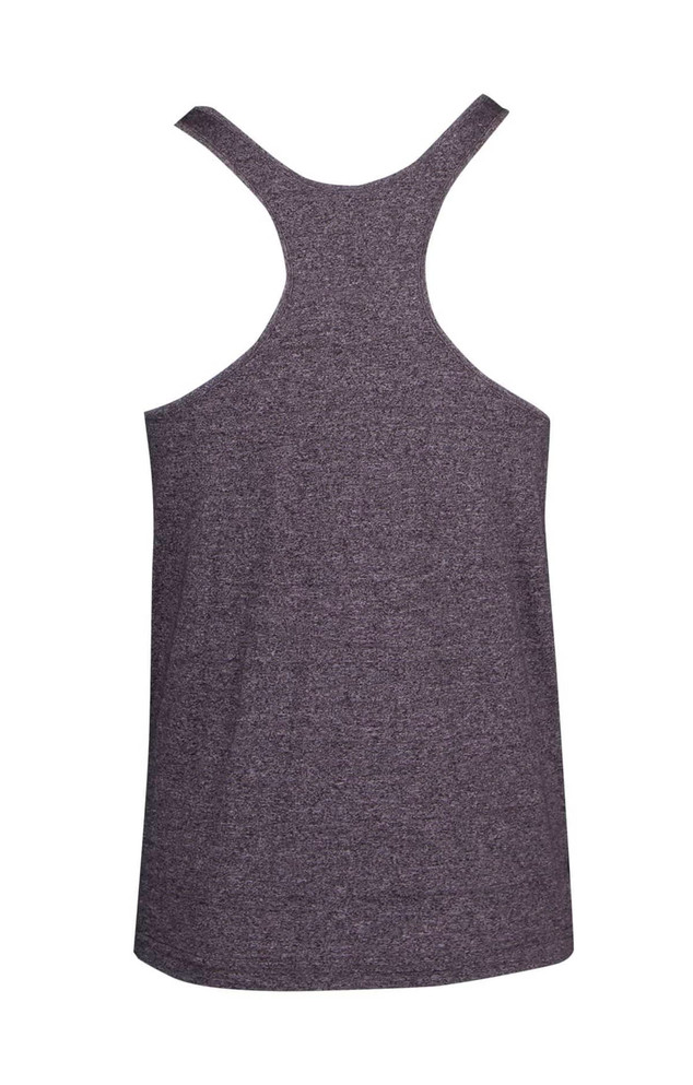 A grey athletic T-back singlet for men, featuring a fitted design and wide shoulder straps. It has a logo on it.