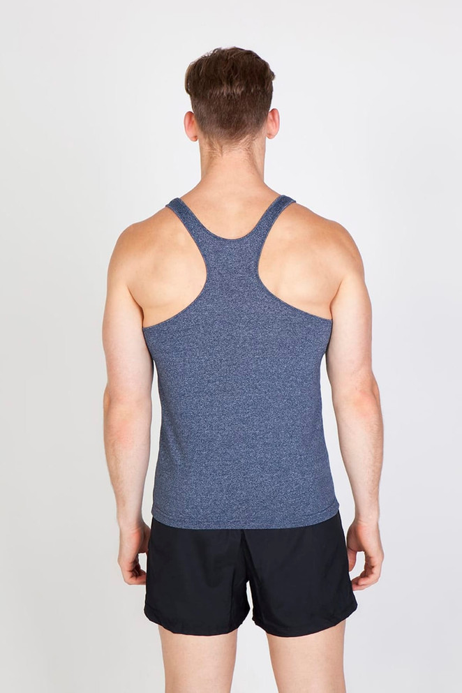 A grey athletic T-back singlet for men, viewed from the back, paired with black shorts. It features a logo.