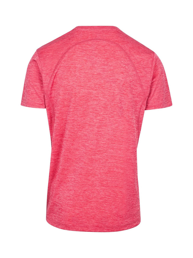 A red unisex T-shirt made of 100% polyester, featuring a simple design and an unspecified logo.