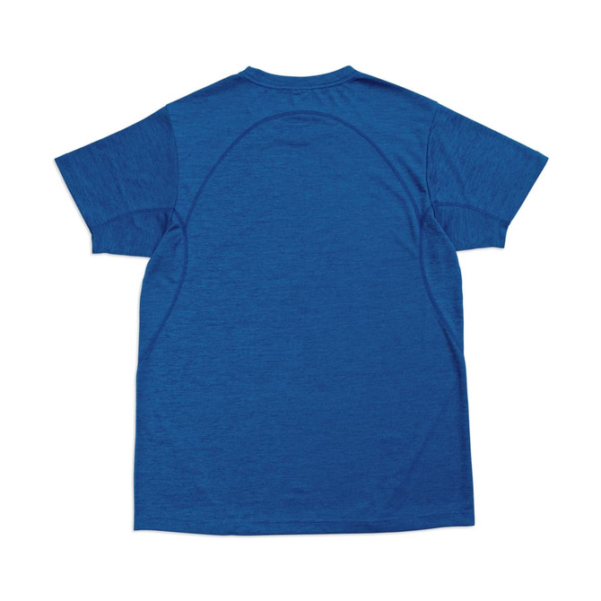 A blue unisex T-shirt made of 100% polyester, featuring a logo and a relaxed fit design on the back.