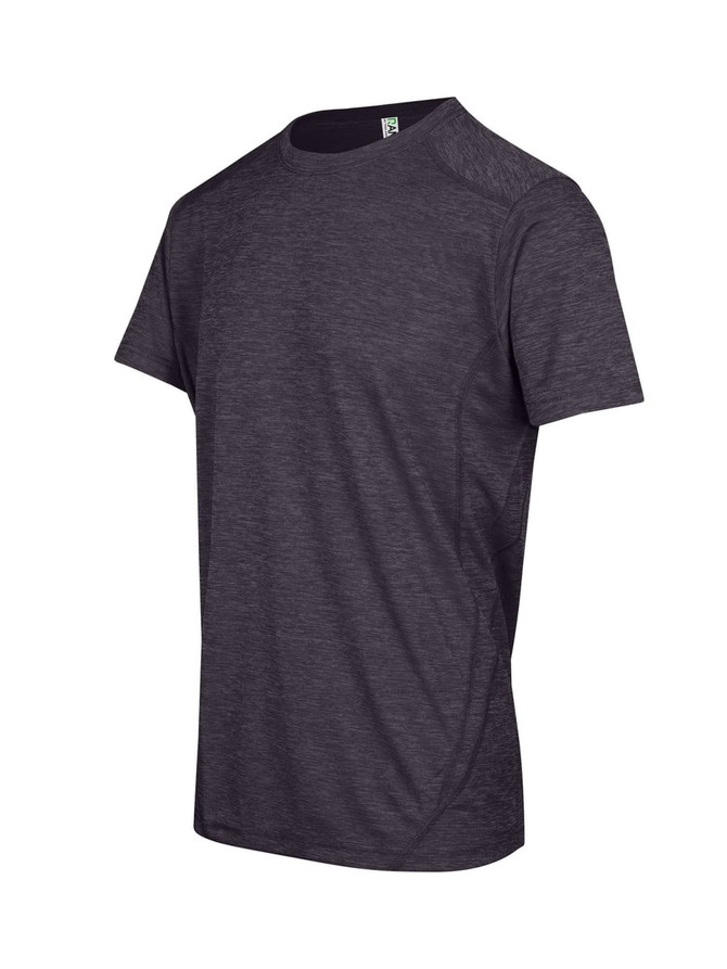 A dark grey, 100% polyester T-shirt with short sleeves and a logo on the design.