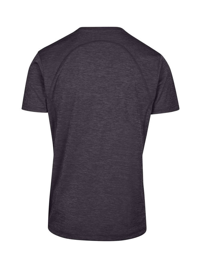 A dark grey unisex t-shirt made from 100% polyester, featuring a logo on the back.
