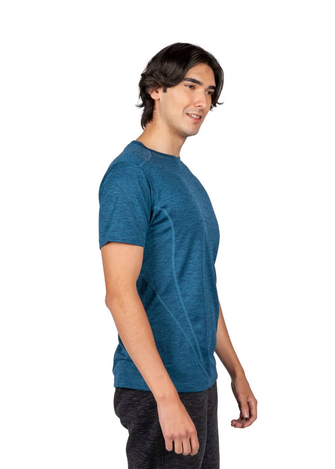 A blue 100% polyester T-shirt with a logo, featuring short sleeves and a fitted design, displayed on a model.