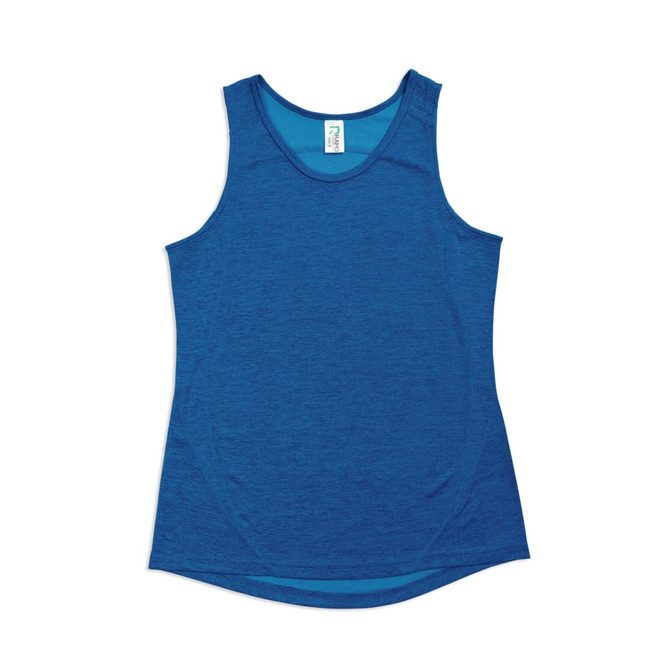 A blue women's singlet made of 100% polyester, featuring a rounded neckline and a logo.