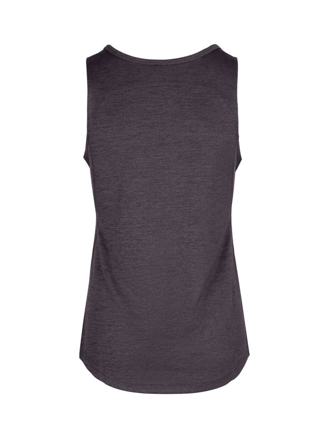 A women's singlet in dark purple with a round neckline and no sleeves, featuring a branding logo.