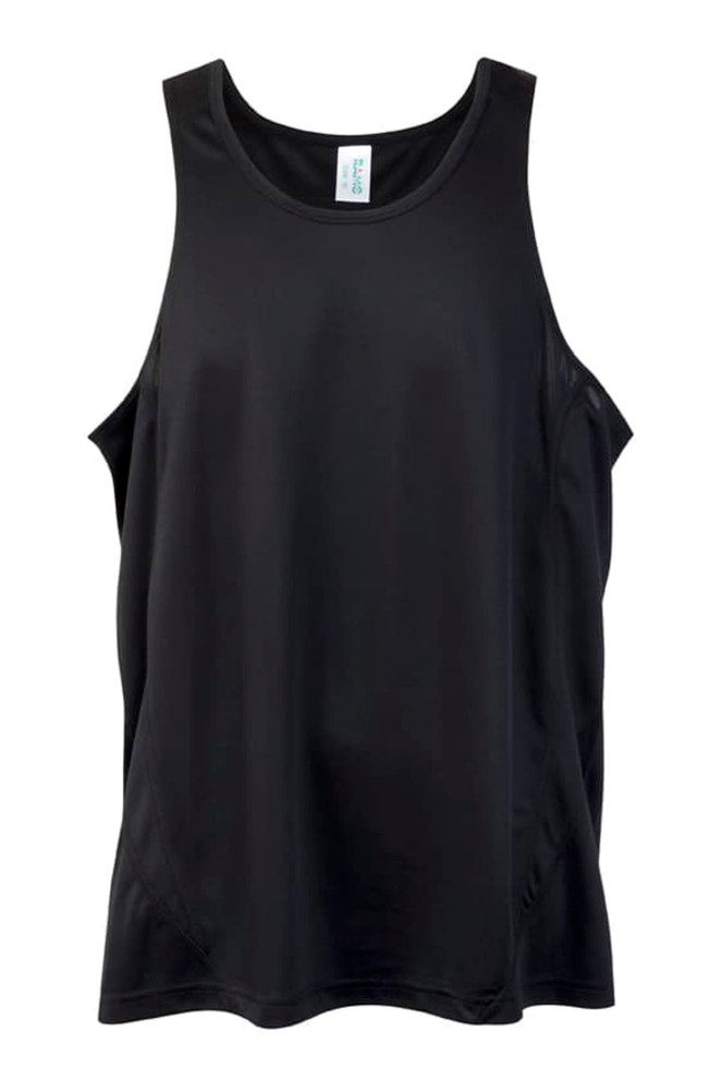 A black men's singlet made from cool dry fabric, featuring a loose fit and a logo on the top.