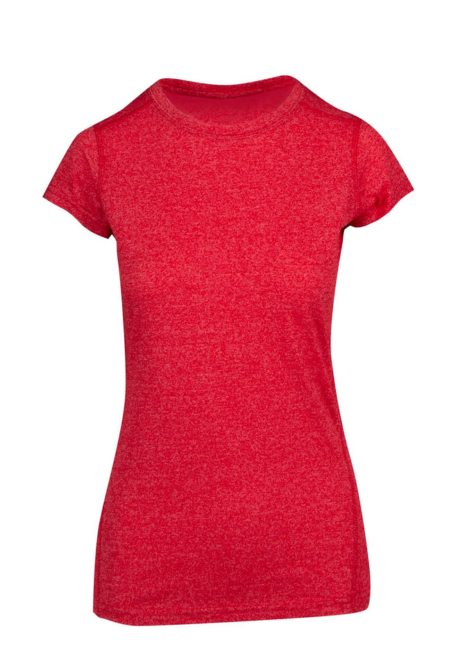 A red athletic women's T-shirt featuring short sleeves and a fitted design, with a logo displayed.
