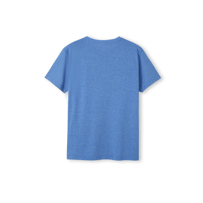 A blue heather T-shirt with a standard crew neck and short sleeves, featuring a logo on the back.