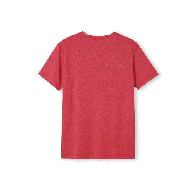 A red heather T-shirt with a regular fit, featuring short sleeves and a simple design on the back.