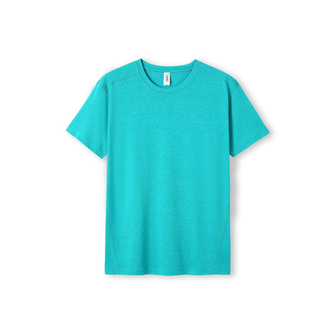 A turquoise unisex T-shirt with a round neck and short sleeves. It features a logo on the label.