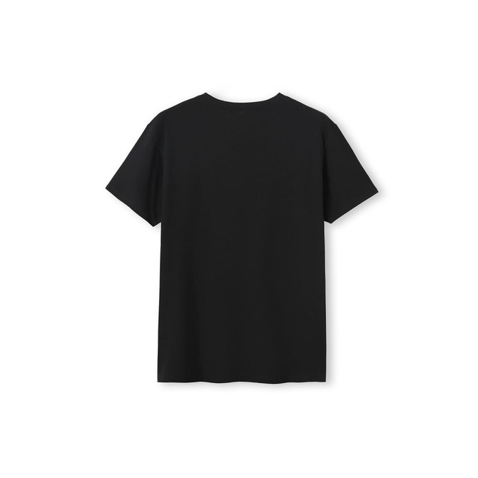 A black unisex T-shirt with a simple design and no visible logos or branding, viewed from the back.
