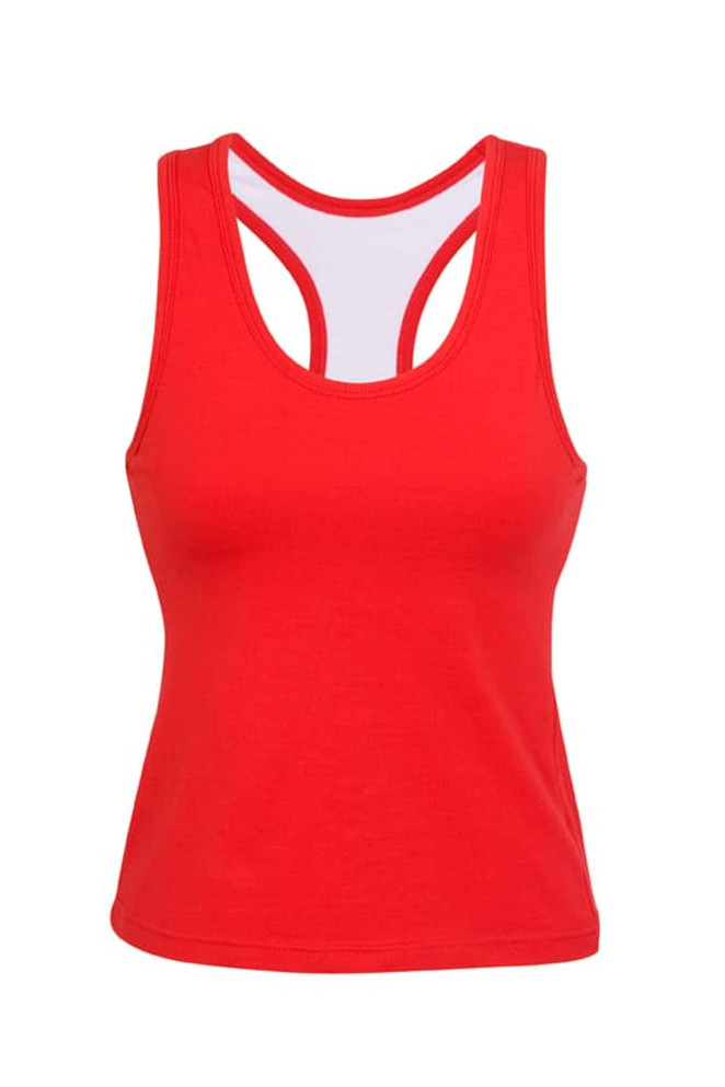 A red women’s singlet with a racerback design, featuring a logo on the front.