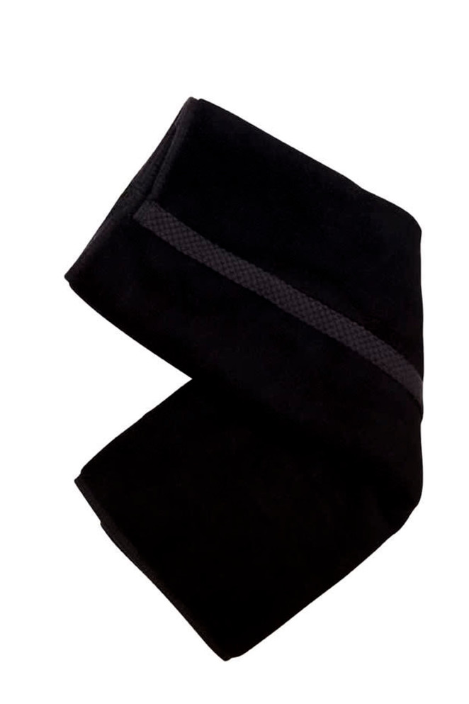 A black bamboo hand towel folded neatly, featuring a textured stripe. It has a simple, modern design and branding.