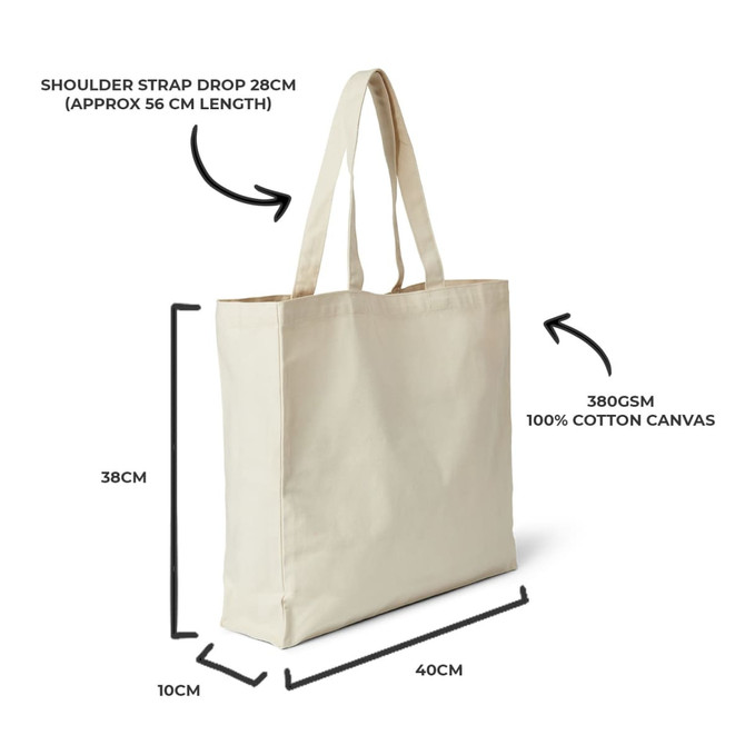 Three heavy tote bags in black and cream, featuring strap handles and a simple design. One bag has a logo.