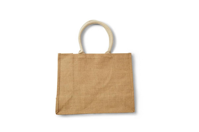 A jute tote bag in a natural brown colour with fabric handles, featuring a plain design.