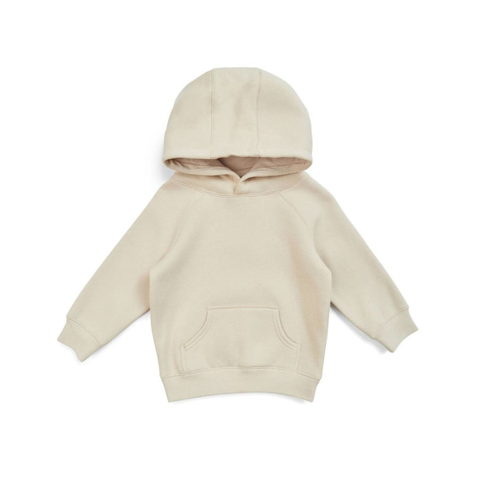 A beige kangaroo pocket hoodie for babies, featuring a hood and long sleeves. It has a logo on the front.