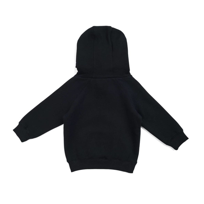 A black cotton hoodie featuring a kangaroo pocket and a hood, suitable for babies. It has a logo.
