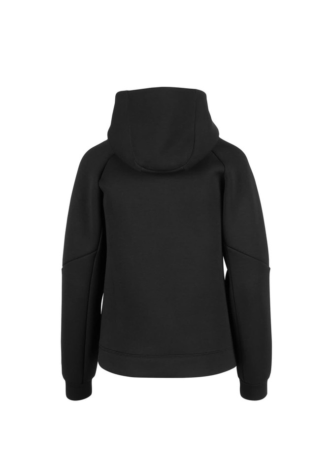 A black women's/junior hoodie with a hood and long sleeves, featuring a logo.