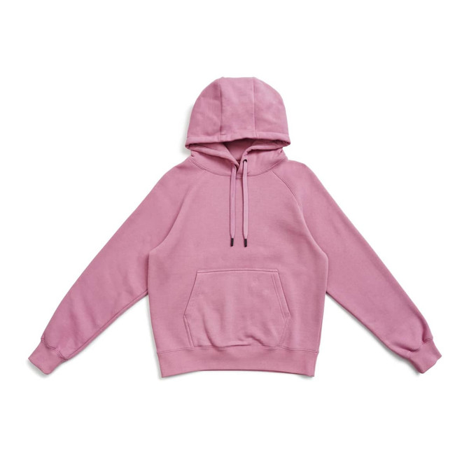A pink kangaroo pocket hoodie with a hood and long sleeves. Features a logo on the front.