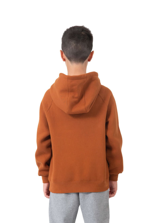 A brown hoodie with a kangaroo pocket and a hood, viewed from the back, worn by a model in grey pants.
