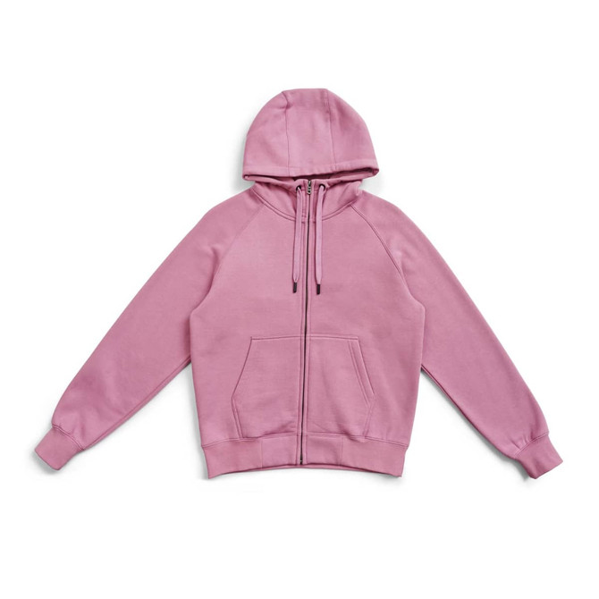 A pink zip-up hoodie featuring a kangaroo pocket and a hood, with branding on the garment.