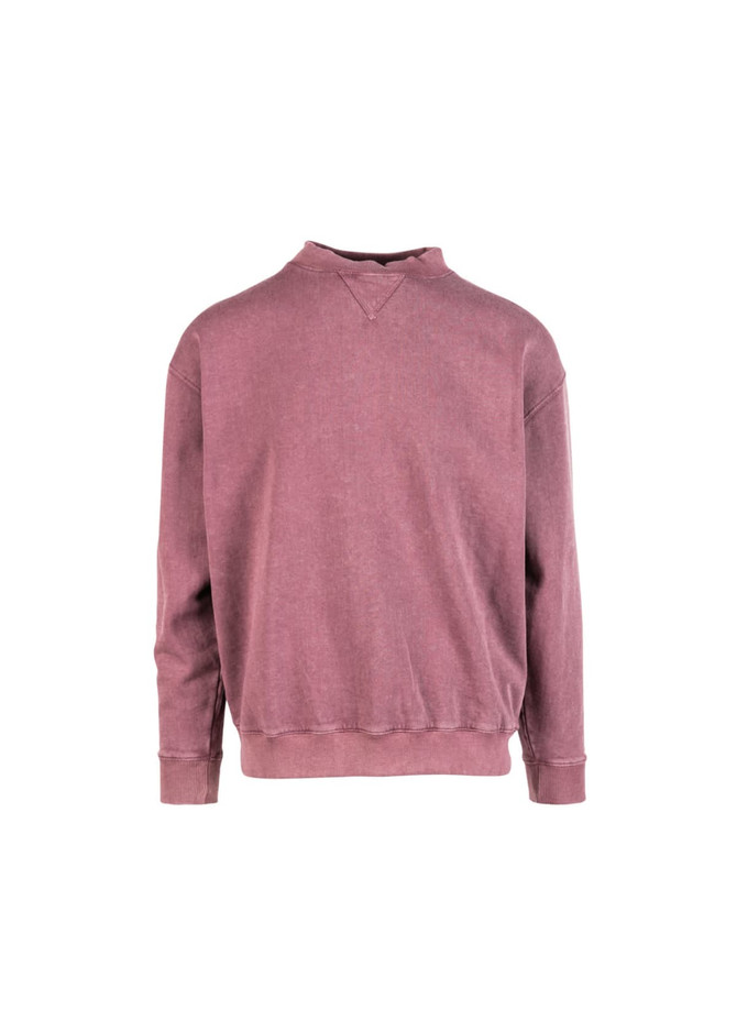 A unisex stone wash sweatshirt in a muted burgundy colour, featuring a simple design and a logo on the back.