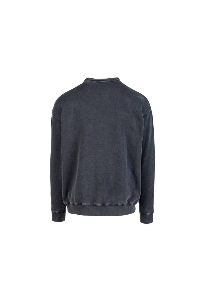 A unisex stone wash sweatshirt in a dark grey colour, featuring a simple design and relaxed fit.