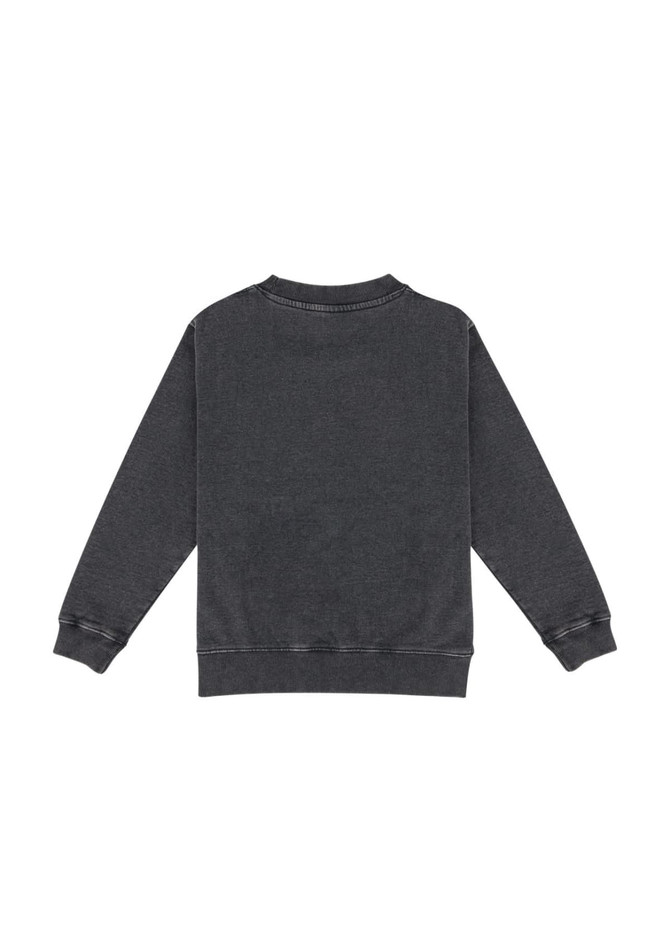 A grey kids' stone wash sweatshirt featuring a crew neck and long sleeves, with a ribbed hem. It has a logo.