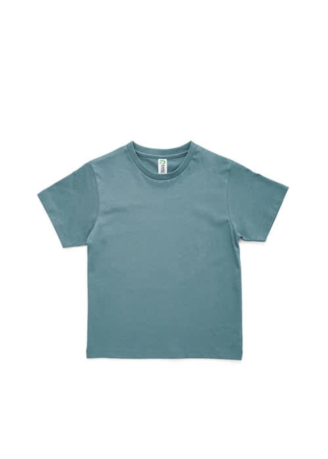 A teal kids' t-shirt with short sleeves and a tag, featuring a logo on the inside.