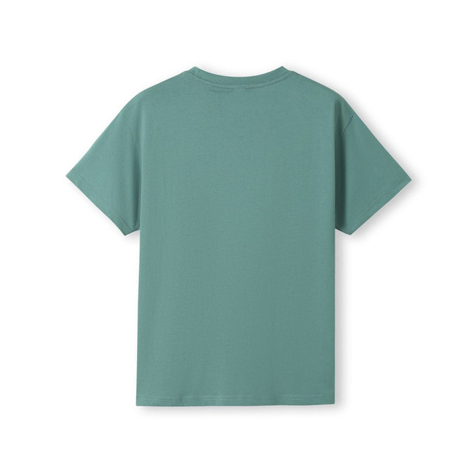 A teal kid's T-shirt with short sleeves and a plain back. The shirt features a logo.