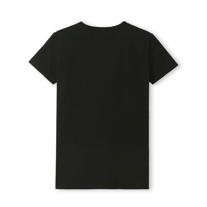 A black women's T-shirt with a fitted design, featuring a plain back and short sleeves.