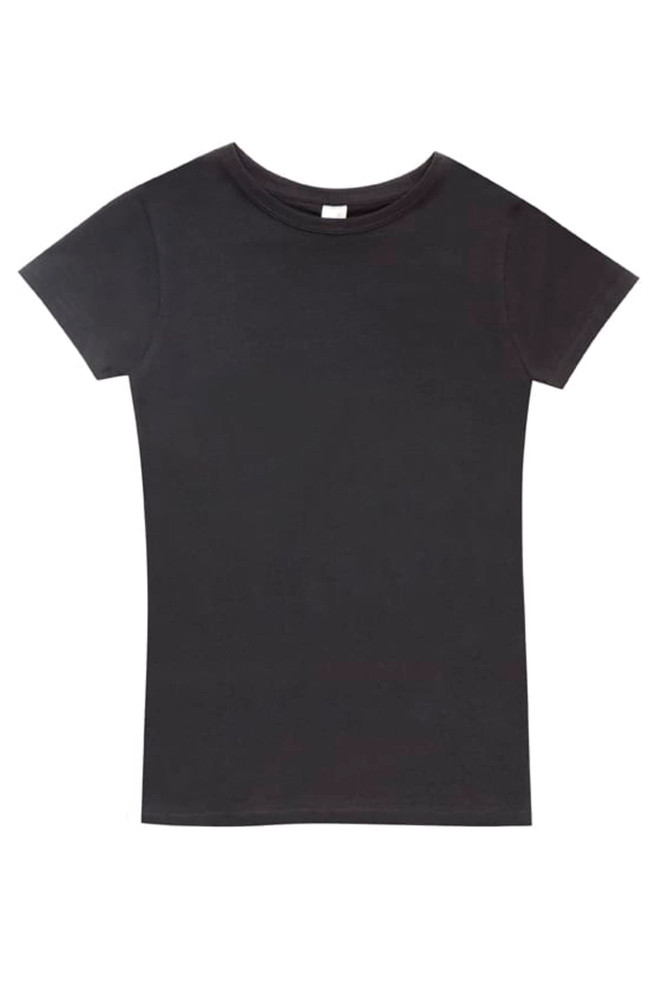 A black women's organic cotton T-shirt with short sleeves and a round neckline. It features a logo on the label.