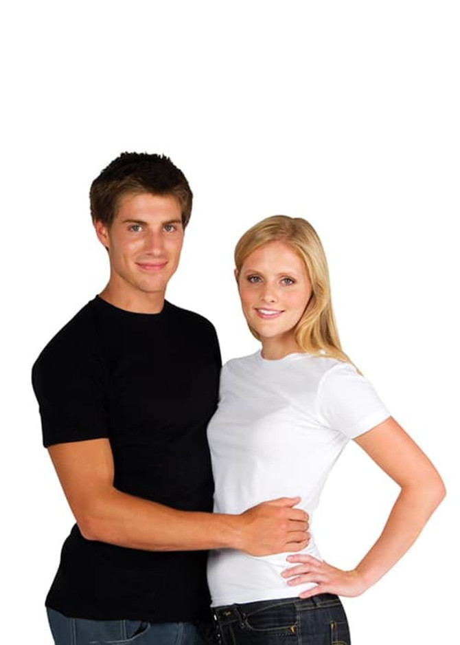A black men's organic cotton T-shirt worn by a male model, alongside a white women's t-shirt worn by a female model.